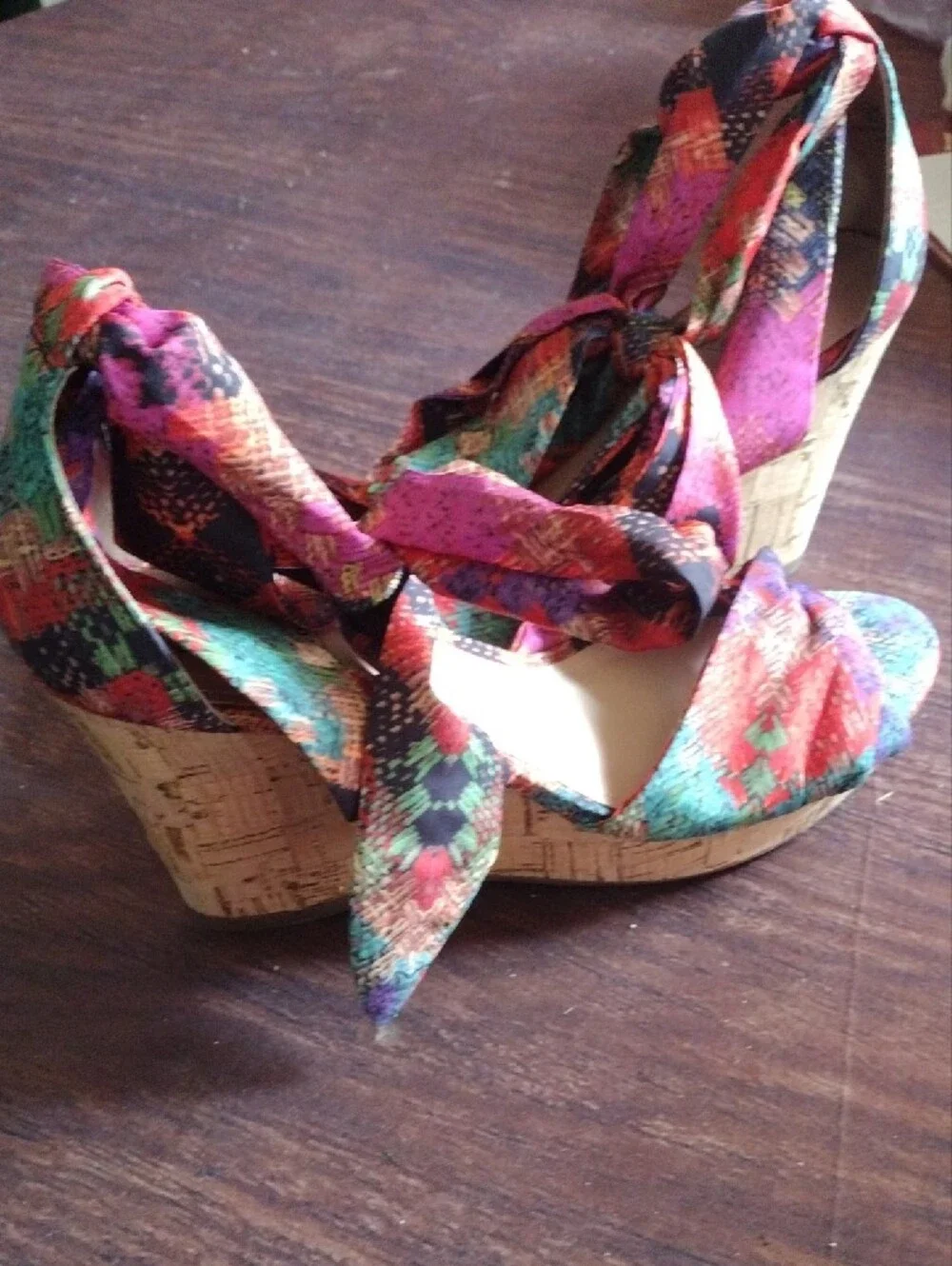 Impo Multicolor Ankle Tie Cork Wedge Sandals With Memory Foam Size 8.5 NWOT